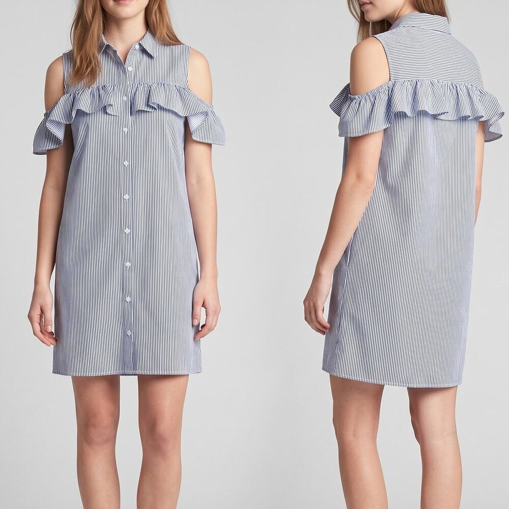 Audrey Lane Large Shirt Dress Cold Shoulder Striped Stretch Blue White